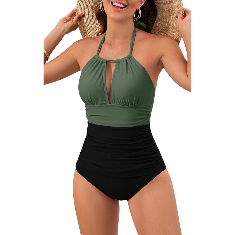 B2PRITY Halter One Piece Swimsuit Olive Green Black Ruched Tummy Control M